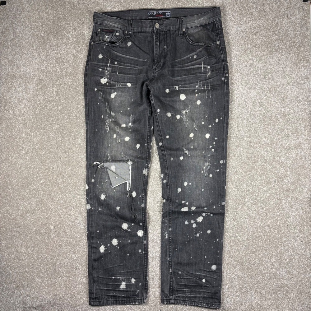 OG Jeans Mens 38 Faded Black Splatter Distressed Straight Leg Denim Jeans
